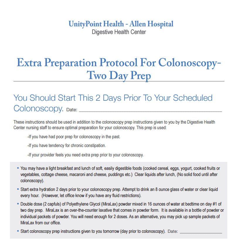 Colonoscopy Prep Instructions - Two Day Prep