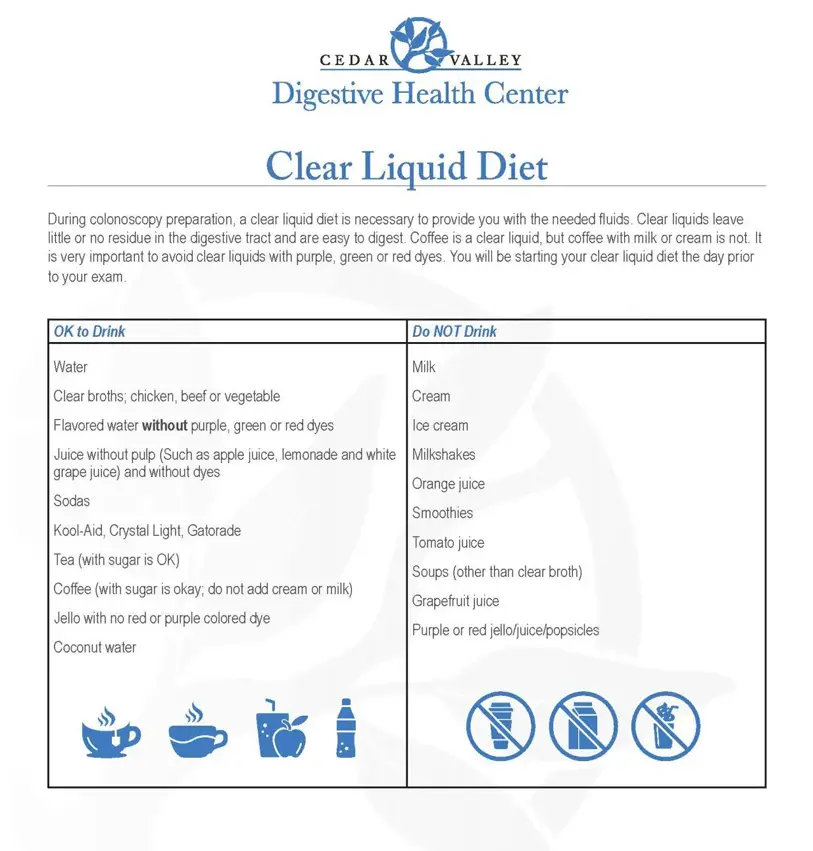 Colonoscopy Prep Instructions - Clear Liquid Diet