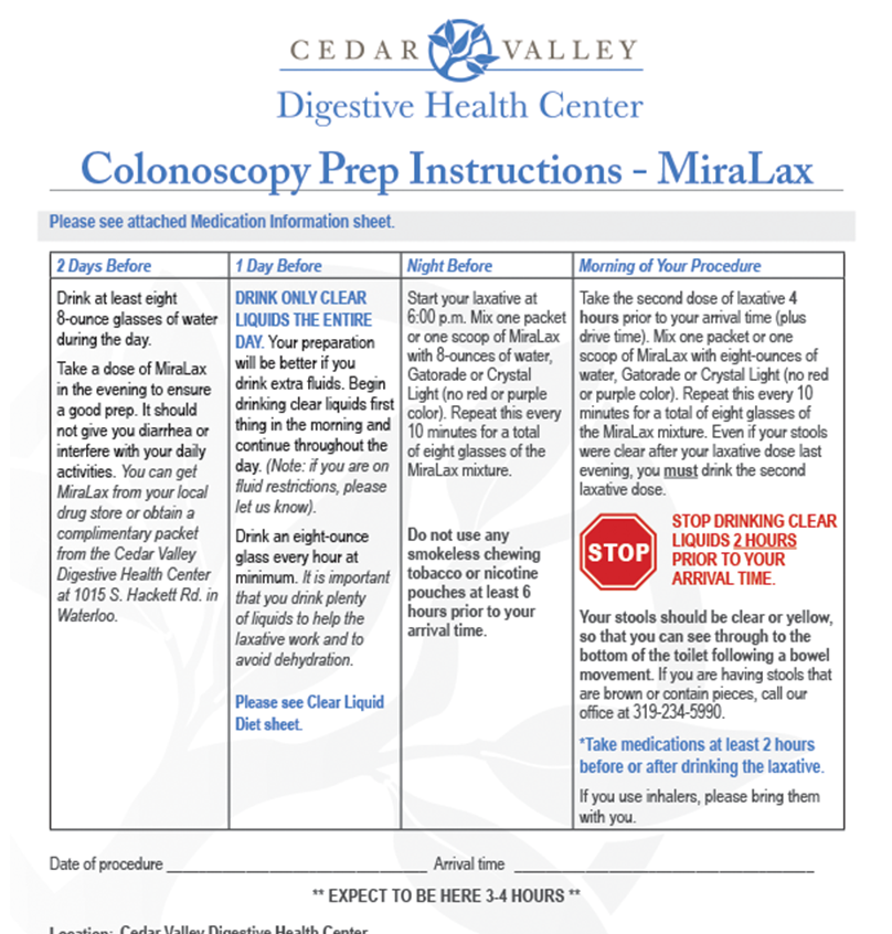 Colonoscopy Prep Instructions - MiraLax